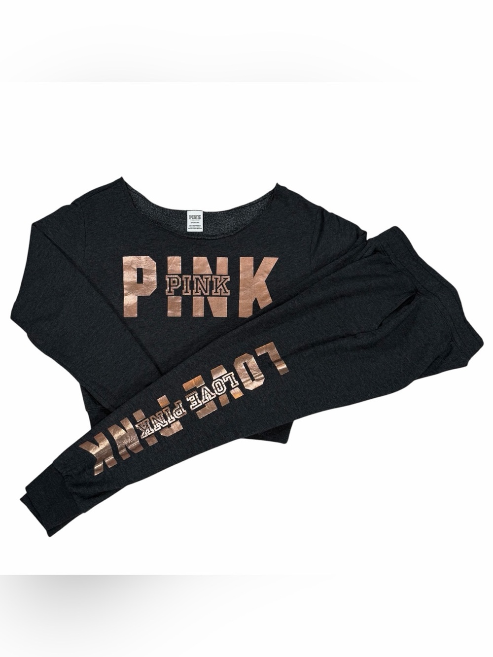 Pink Victoria Secret Gray & Rose Gold Sweatsuit  Sweatshirt Sweatpants Size XS-S